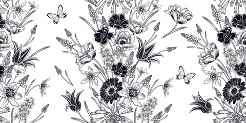 Nahtloses Muster der Frühlings-Weinlese. Blumen und Schmetterlinge. Schwarz und weiß. Vektor. © marinavorona