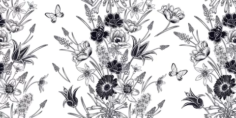 Nahtloses Muster der Frühlings-Weinlese. Blumen und Schmetterlinge. Schwarz und weiß. Vektor. © marinavorona