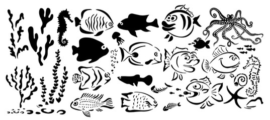 Set of monochrome marine life. Vector illustration of set of sea creatures