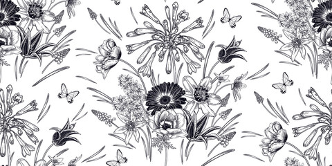 Nahtloses Muster der Frühlings-Weinlese. Blumen und Schmetterlinge. Schwarz und weiß. Vektor. © marinavorona