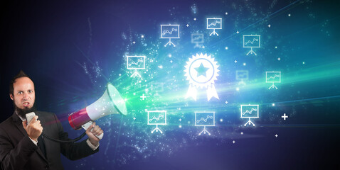 Young person with megaphone and business icon