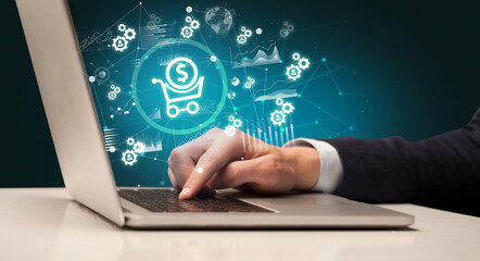 Business hand working on laptop, successful business concept