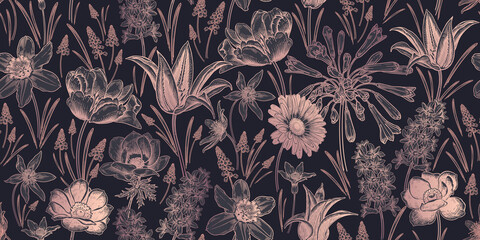 Frühlingshintergrund. Nahtloses Blumenmuster. Vektor. Jahrgang. © marinavorona