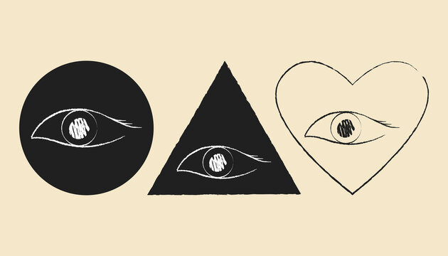 Pencil chalk stroke eye icons set in shapes of circle,triangle, heart. Pixel perfect. hand drawn scibble images in grey black, white