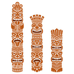 Hawaiian and Polynesia Tiki pole totem vector design - brown tribal folk art background, two or three heads statue   © redkoala