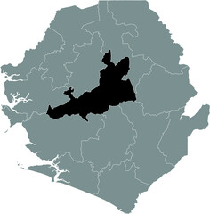 Black highlighted location map of the Sierra Leonean Tonkolili district inside gray map of the Republic of Sierra Leone
