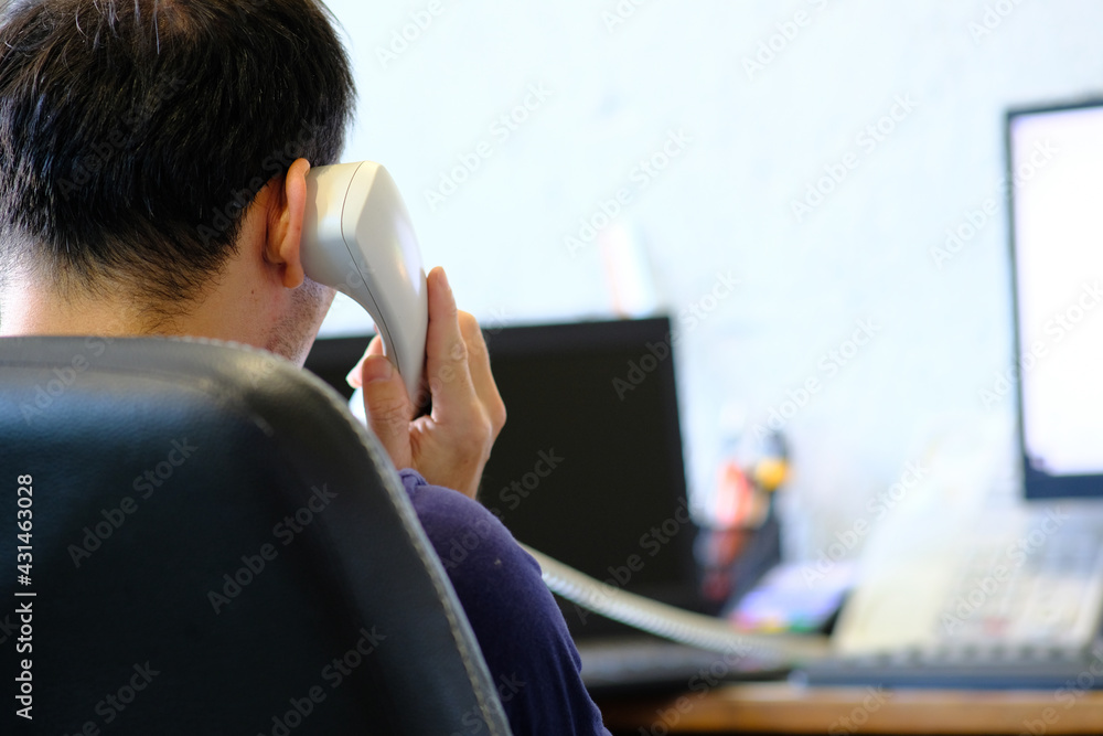 Poster man working on computer and working at home concept