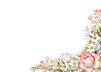 Horizontal frame with watercolor rose flowers, leaves, decor. For the design of greeting cards, invitations, etc
