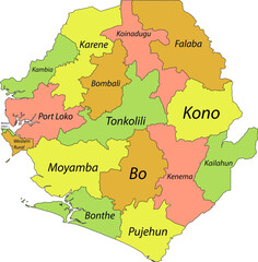 Pastel vector map of the Republic of Sierra Leone with black borders and names of its districts