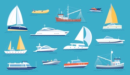 Yachts and sailboats. Small sea transport, motorboat and fishing ship. Flat marine regatta boat, ocean vessel with sail or motor, vector set