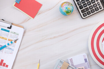 Top view on working space with office equipment and space for text