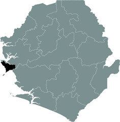 Obraz na płótnie Canvas Black highlighted location map of the Sierra Leonean Western Area Rural district inside gray map of the Republic of Sierra Leone