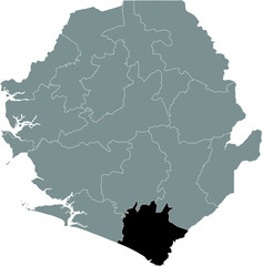 Black highlighted location map of the Sierra Leonean Pujehun district inside gray map of the Republic of Sierra Leone