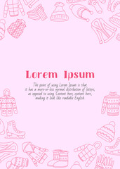 Winter clothing - vertical card with text and vector outline illustrations of scarf, cap, jacket, sweater, coat, mitten, and other clothes for graphic design