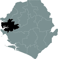 Black highlighted location map of the Sierra Leonean Port Loko district inside gray map of the Republic of Sierra Leone
