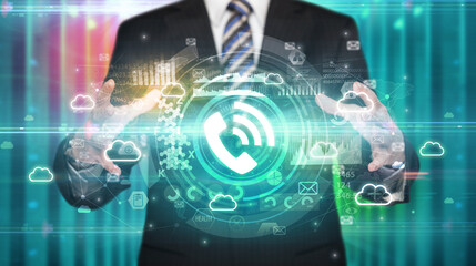 Businessman holding technology icon concept