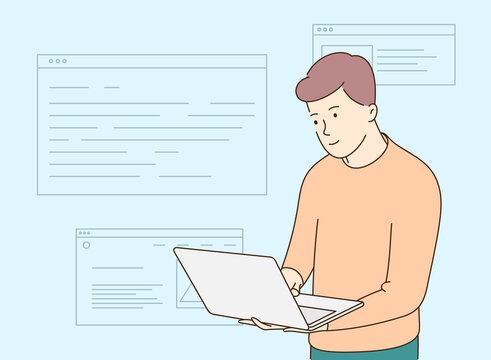 Script coding and programming in php, python, javascript, other languages concept. Backend or frontend developer coding by laptop. Developing programming and coding technologies.