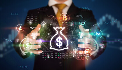 Businessman holding currency symbols concept
