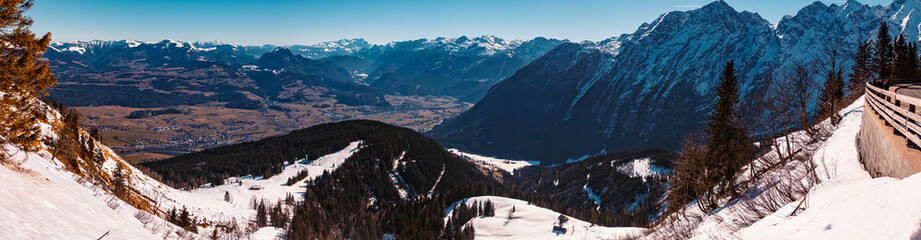 High resolution stitched panorama of a beautiful alpine winter view of the austrian alps seen from the famous Rossfeldstrasse near Berchtesgaden, Bavaria, Germany