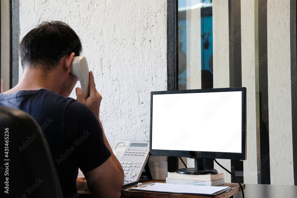 Poster man working on computer and working at home concept