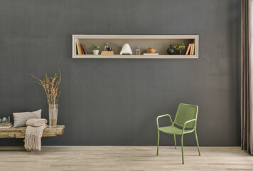 Decorative grey stone wall and niche background with chair and wooden bench style.