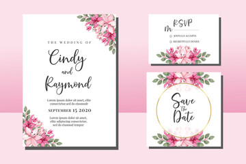 Wedding invitation frame set, floral watercolor hand drawn Pink Lily Flower design Invitation Card Template