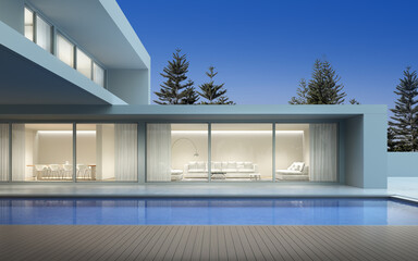 Perspective of modern luxury house with terrace and swimming pool in night sky background, Exterior. 3d rendering.