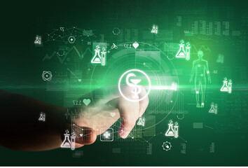Doctor hand pressing futuristic health device with medical symbol on screen