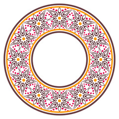 Decorative round ornament. Ceramic tile border. Pattern for plates or dishes. Islamic, indian, arabic motifs. Porcelain pattern design. Abstract floral ornament border