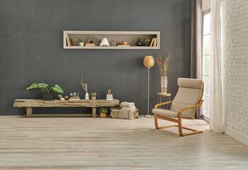 Decorative room and stone wall background grey, rocking chair and wooden bench style with lamp.