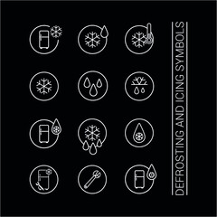 Vector icon. Thawed and frozen symbols. Image of a drop of water with a snowflake and a fridge. Line icon.