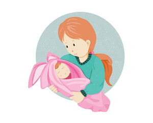 mother holding a baby in her arm and her eyes looking at the baby face with love. Isolated Mom and baby vector illustration on white background. Mother day.