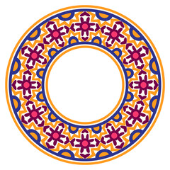Decorative round ornament. Ceramic tile border. Pattern for plates or dishes. Islamic, indian, arabic motifs. Porcelain pattern design. Abstract floral ornament border