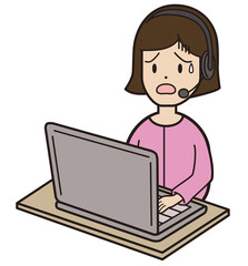 パソコン入力をしながら電話応対をする20代から30代女性 コールセンター 困り顔 ななめ 斜め