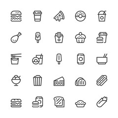 Simple Interface Icons Related to Fast Food. Hamburger, Pizza, Fried Chicken, Instant Noodles. Editable Stroke. 32x32 Pixel Perfect.