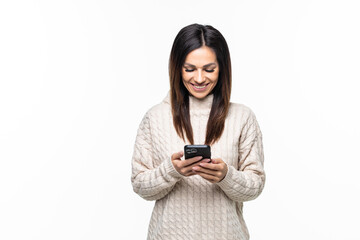 Beautiful woman use of cellphone on white background