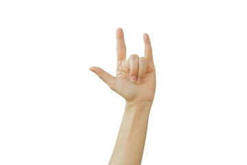 Caucasian female hand gesturing in white background. (Clipping path)