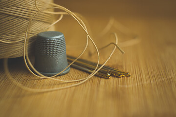 Sewing accessories on a wooden table