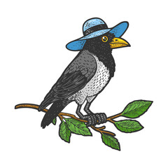 crow in hat color sketch engraving vector illustration. T-shirt apparel print design. Scratch board imitation. Black and white hand drawn image.