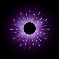 Purple burst with sparkle rays and lens flare effect. Glowing stars. Purple glitter bokeh lights and burst of magical dust particles. Vector illustration.