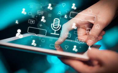 Close-up of a hand using tablet, social media concept