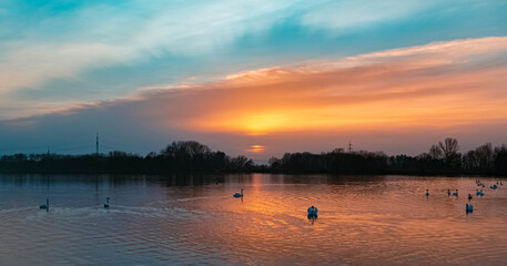 Beautiful sunset with reflections near Plattling, Isar, Bavaria, Germany