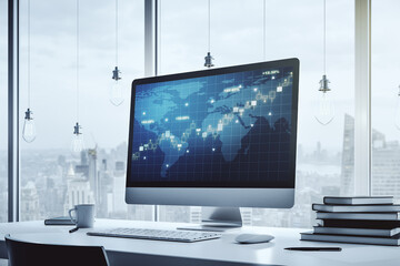 Abstract creative financial graph with world map on modern laptop monitor, forex and investment concept. 3D Rendering