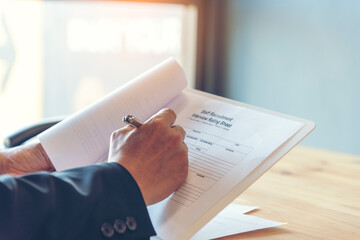 Job Interview HR human resource manager interviewing new employee candidate look at CV Resume asking job requirement question at business firm office desk. Job Interview headhunter agent application