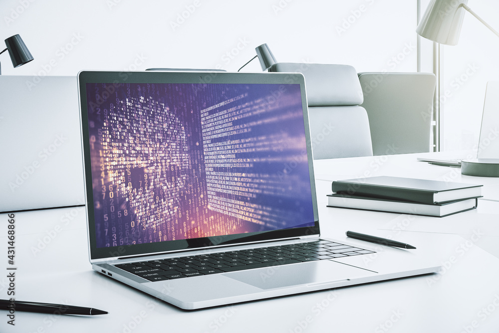 Leinwandbilder creative code skull hologram on modern computer monitor, cybercrime and hacking concept. 3d renderin