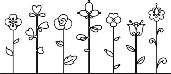 A set of decorative flowers drawn with a single line. Vector coloring book with colors. Design of a single line silhouette of flowers. Editable line. Set of flowers.