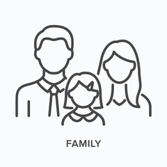Obraz na płótnie Canvas Family with little girl flat line icon. Vector outline illustration of parent. Black thin linear pictogram for wife, husband and daughter