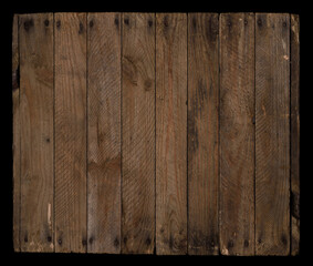 Wood background isolated on black. Blank weathered rustic wood texture chipped together from old planks with nails.