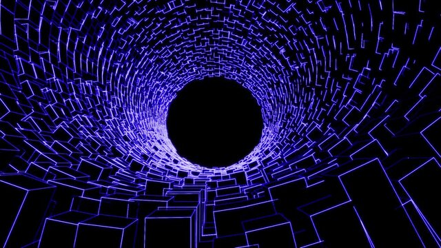 VJ Loop video. 3d round of cubes. round tunnel from a 3d Grid. Сubic round tunnel wire 3D animation