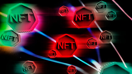 NFT in a bubble, non fungible tokens, crypto art on colorful abstract background. Pay for unique collectibles in games or art. 3D render crypto art collectibles concept. Wallpaper cyberpunk style.	